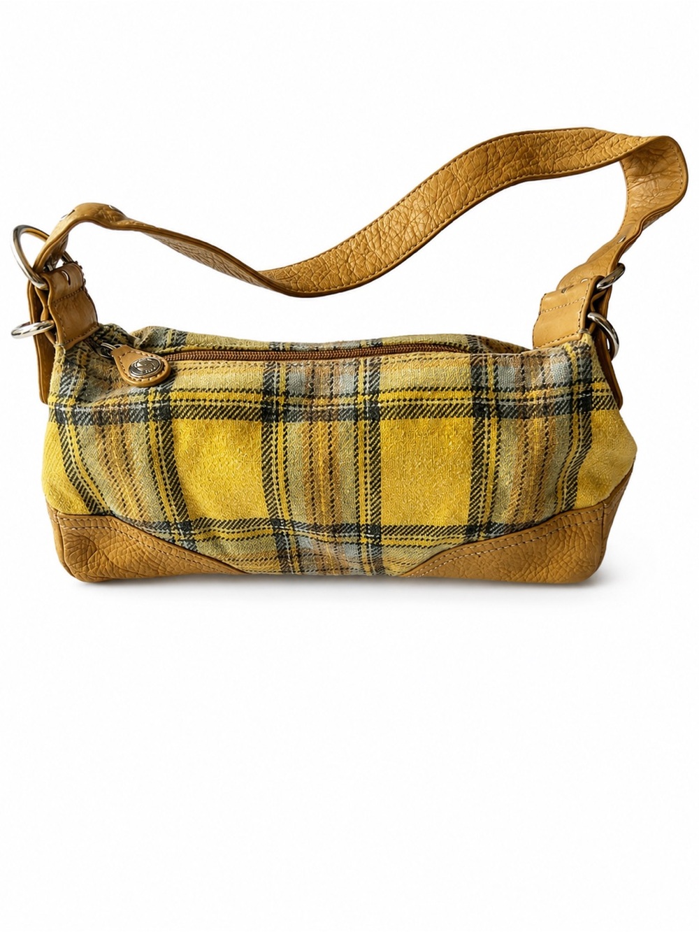 vintage Fossil shoulder yellow plaid pattern Leather Trim Tartan Baguette purse - Picture 2 of 8
